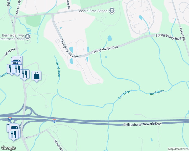 map of restaurants, bars, coffee shops, grocery stores, and more near 385 Penns Way in Bernards