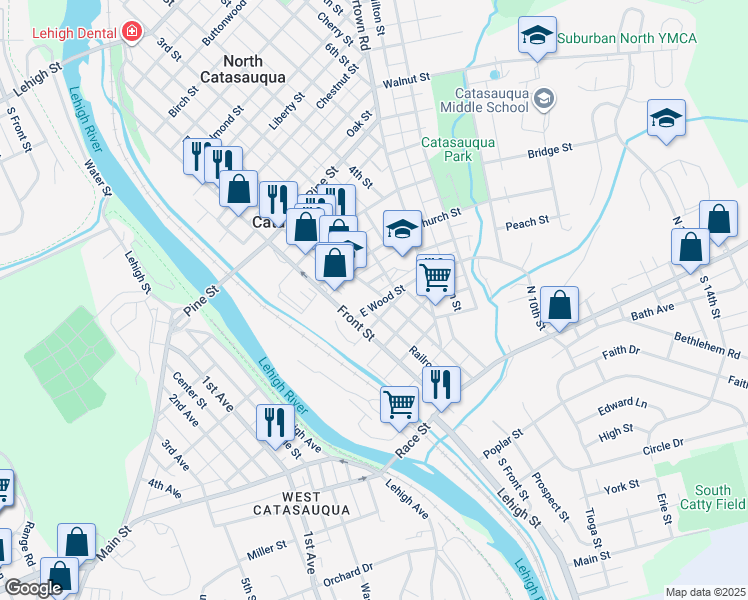 map of restaurants, bars, coffee shops, grocery stores, and more near 132 East Wood Street in Catasauqua