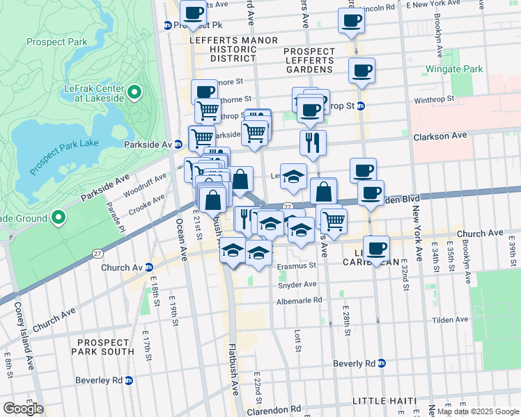 map of restaurants, bars, coffee shops, grocery stores, and more near 65 Linden Boulevard in Brooklyn