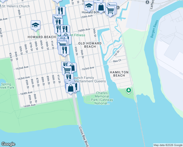map of restaurants, bars, coffee shops, grocery stores, and more near 97-01 163rd Avenue in Queens