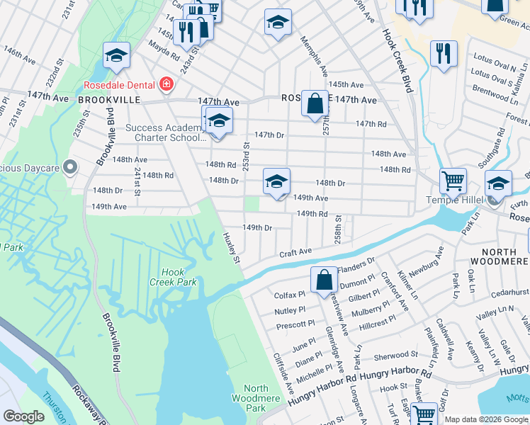 map of restaurants, bars, coffee shops, grocery stores, and more near 253-41 149th Avenue in Queens
