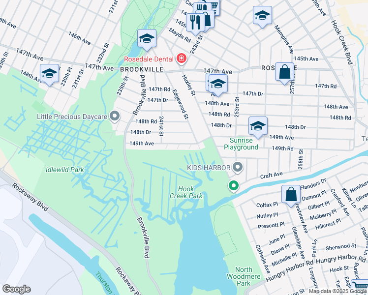 map of restaurants, bars, coffee shops, grocery stores, and more near 241-46 148th Drive in Queens