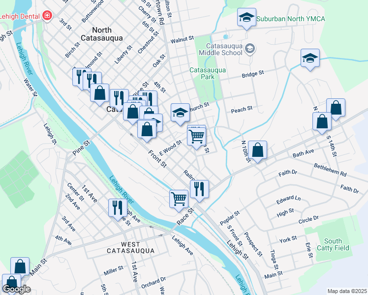 map of restaurants, bars, coffee shops, grocery stores, and more near 214 Limestone Street in Catasauqua