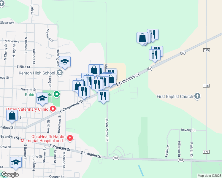 map of restaurants, bars, coffee shops, grocery stores, and more near 1000 East Columbus Street in Kenton