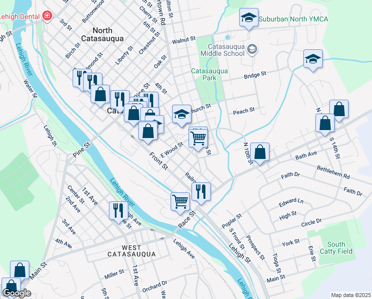 map of restaurants, bars, coffee shops, grocery stores, and more near 214 Limestone Street in Catasauqua