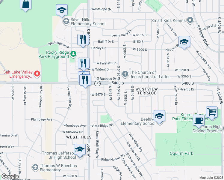 map of restaurants, bars, coffee shops, grocery stores, and more near 5465 West 5400 South in Kearns