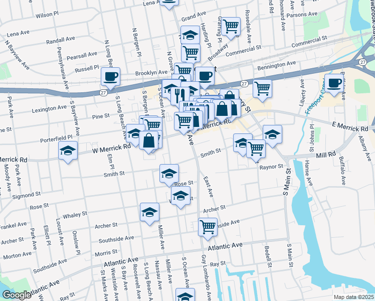 map of restaurants, bars, coffee shops, grocery stores, and more near 121 Guy Lombardo Avenue in Freeport