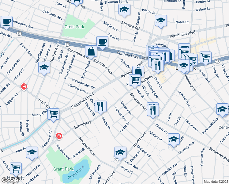 map of restaurants, bars, coffee shops, grocery stores, and more near 21 Hazel Place in Lynbrook