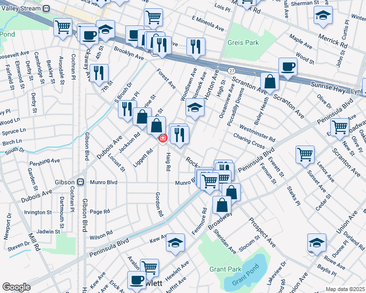 map of restaurants, bars, coffee shops, grocery stores, and more near 52 Horton Avenue in Valley Stream
