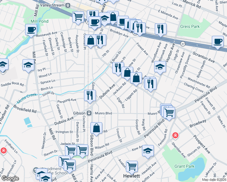 map of restaurants, bars, coffee shops, grocery stores, and more near 42 Oak Street in Valley Stream