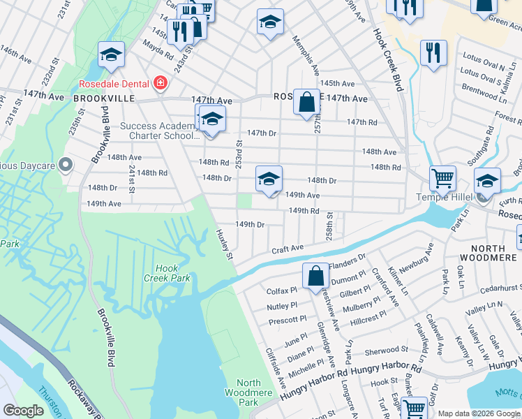 map of restaurants, bars, coffee shops, grocery stores, and more near 253-41 149th Avenue in Queens