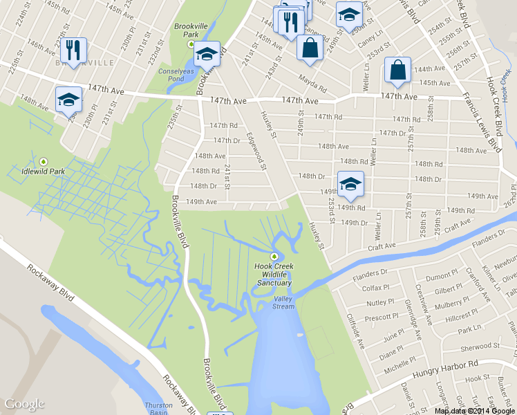 map of restaurants, bars, coffee shops, grocery stores, and more near 241-46 148th Drive in Queens
