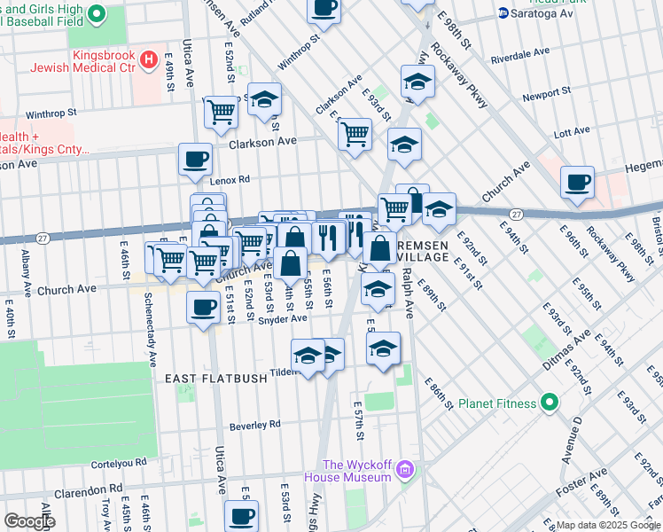map of restaurants, bars, coffee shops, grocery stores, and more near 169 East 56th Street in Brooklyn