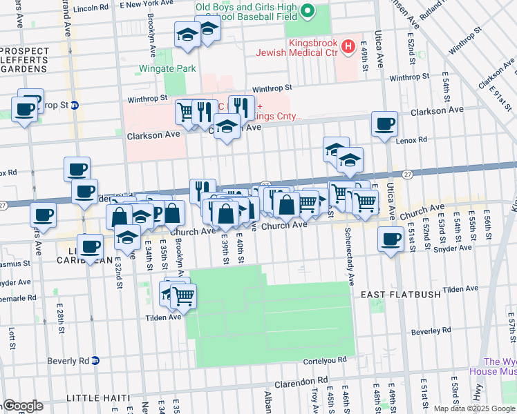 map of restaurants, bars, coffee shops, grocery stores, and more near 520 Linden Boulevard in Brooklyn
