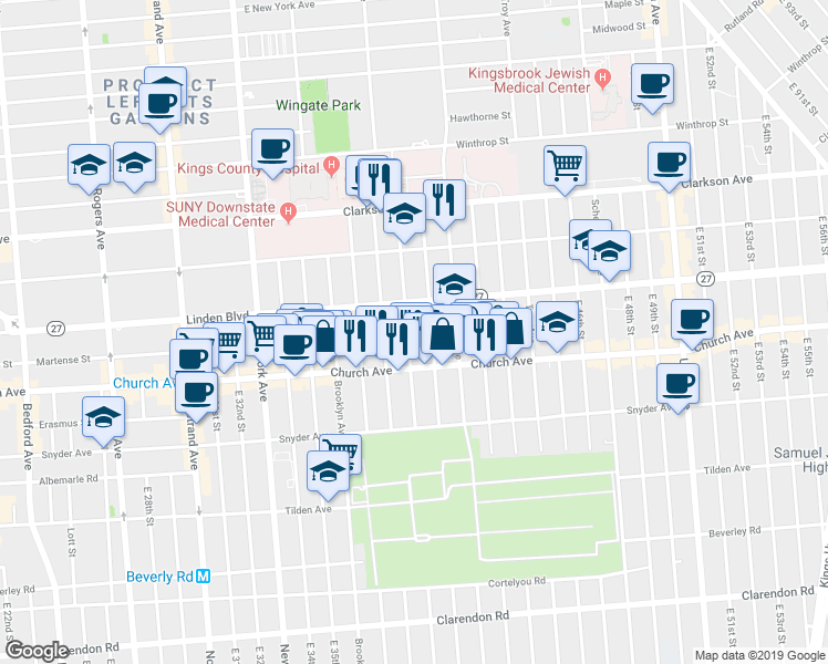 map of restaurants, bars, coffee shops, grocery stores, and more near 484 Linden Boulevard in Brooklyn
