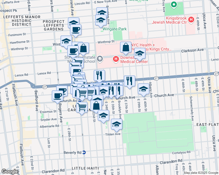map of restaurants, bars, coffee shops, grocery stores, and more near 375 Linden Boulevard in Brooklyn