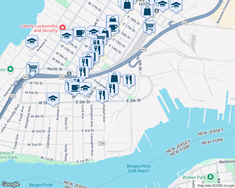 map of restaurants, bars, coffee shops, grocery stores, and more near 184 Hobart Avenue in Bayonne