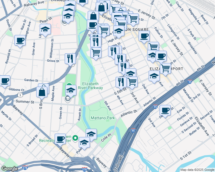 map of restaurants, bars, coffee shops, grocery stores, and more near in Elizabeth