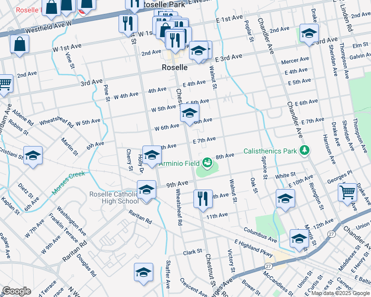 map of restaurants, bars, coffee shops, grocery stores, and more near 616 Chestnut Street in Roselle
