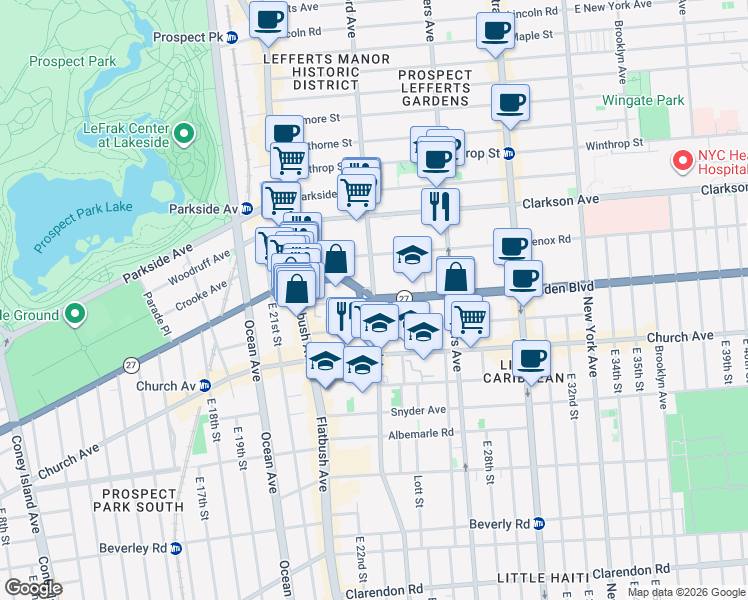 map of restaurants, bars, coffee shops, grocery stores, and more near Linden Blvd & Bedford Ave in Brooklyn