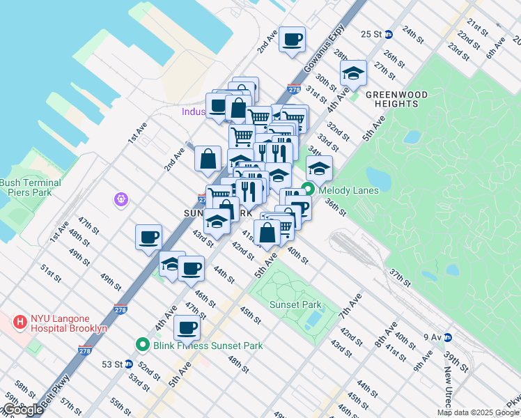 map of restaurants, bars, coffee shops, grocery stores, and more near 410 39th Street in Brooklyn