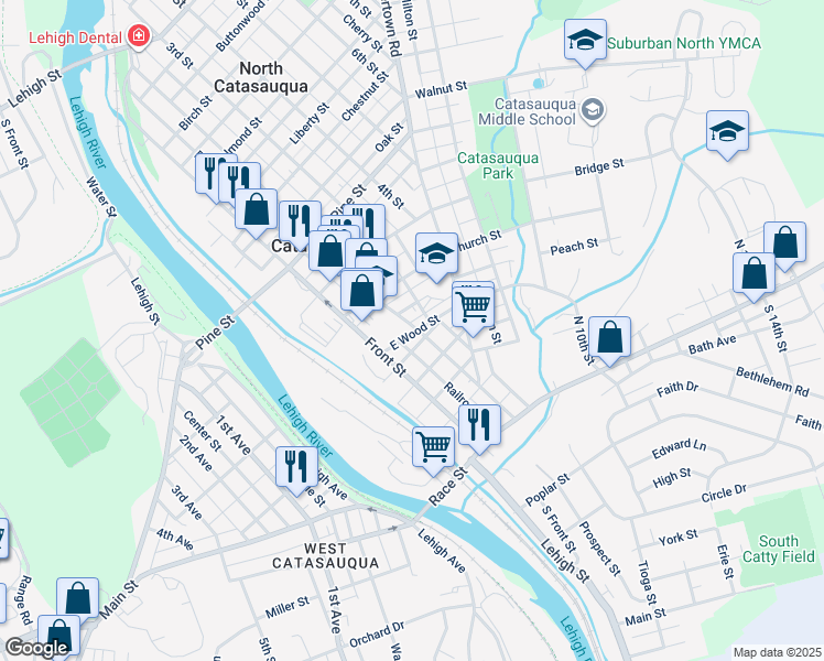 map of restaurants, bars, coffee shops, grocery stores, and more near 138 East Wood Street in Catasauqua