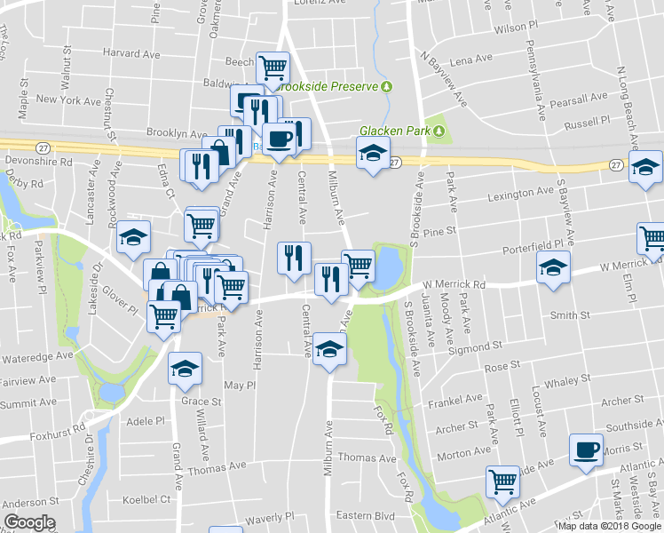 map of restaurants, bars, coffee shops, grocery stores, and more near 2360 Milburn Avenue in Baldwin