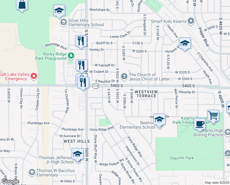 map of restaurants, bars, coffee shops, grocery stores, and more near 5441 West 5440 South in Kearns