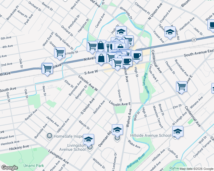 map of restaurants, bars, coffee shops, grocery stores, and more near 39 South Union Avenue in Cranford