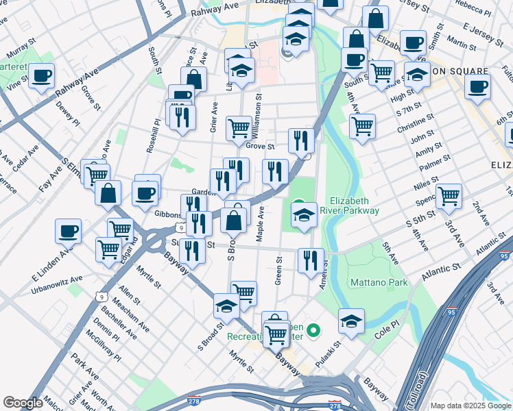 map of restaurants, bars, coffee shops, grocery stores, and more near 460 Maple Avenue in Elizabeth