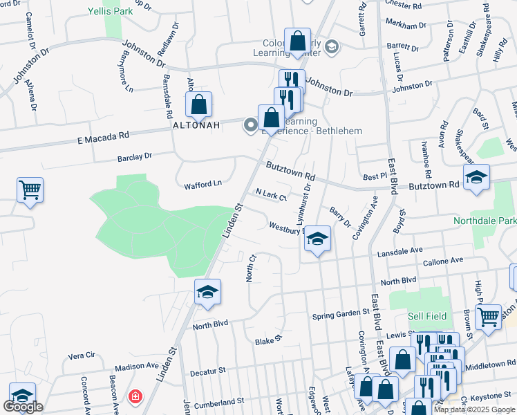 map of restaurants, bars, coffee shops, grocery stores, and more near 1075 Westbury Drive in Bethlehem