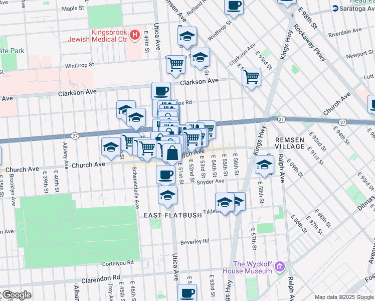 map of restaurants, bars, coffee shops, grocery stores, and more near 5121 Church Avenue in Brooklyn