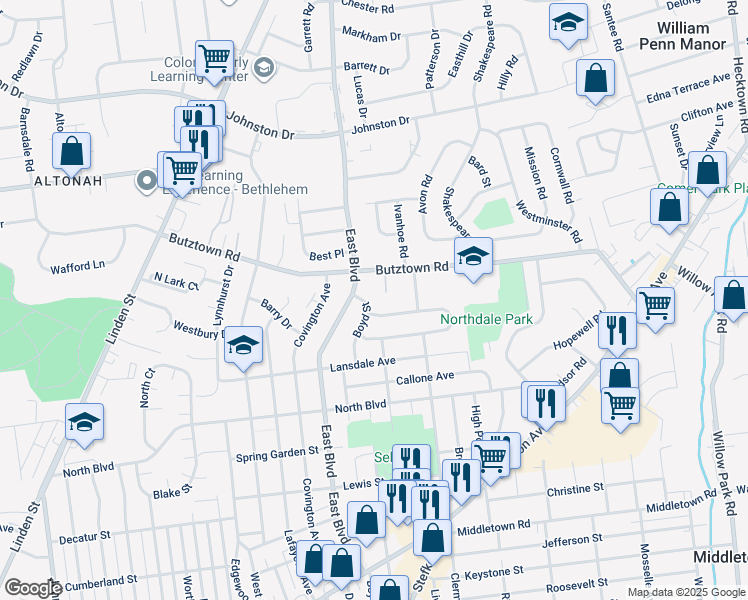 map of restaurants, bars, coffee shops, grocery stores, and more near 2712 Boyd Street in Bethlehem
