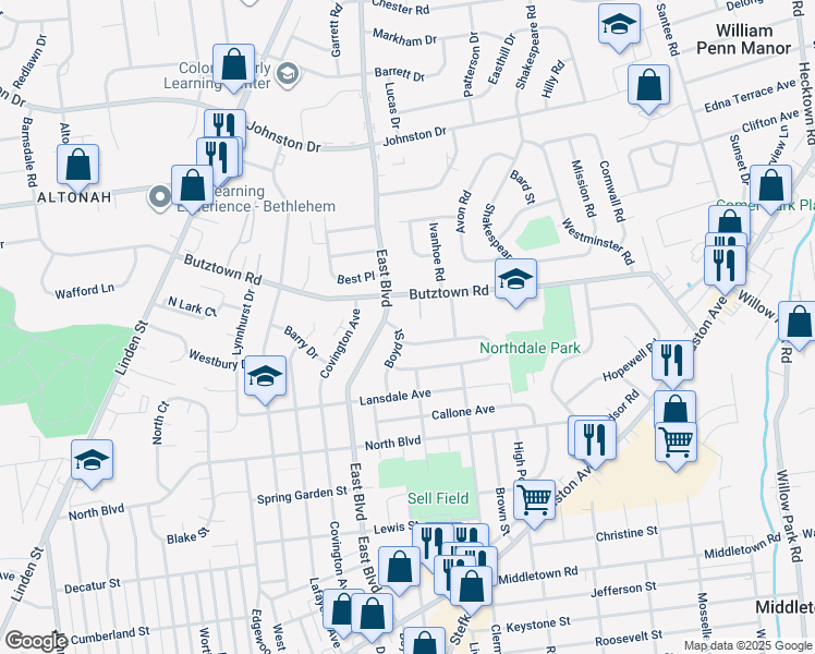 map of restaurants, bars, coffee shops, grocery stores, and more near 2712 Boyd Street in Bethlehem