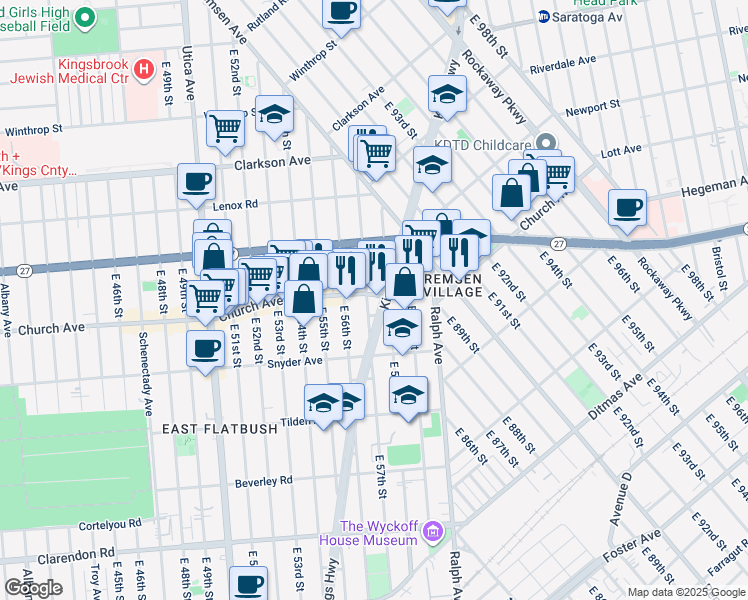 map of restaurants, bars, coffee shops, grocery stores, and more near 5207 Church Avenue in Brooklyn