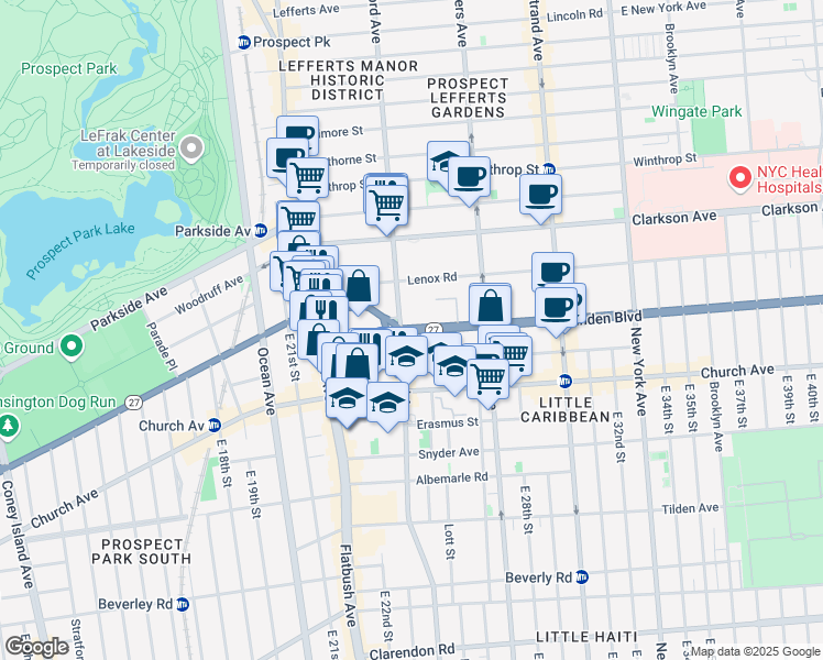 map of restaurants, bars, coffee shops, grocery stores, and more near 85 Linden Boulevard in Brooklyn