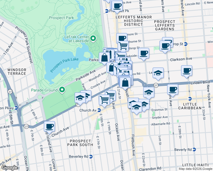 map of restaurants, bars, coffee shops, grocery stores, and more near 1829 Caton Avenue in Brooklyn