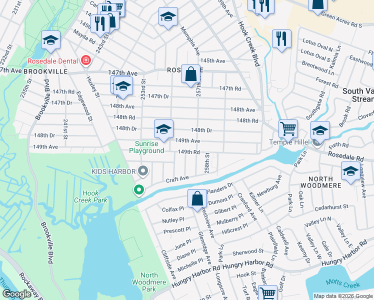 map of restaurants, bars, coffee shops, grocery stores, and more near 255-47 149th Avenue in Queens