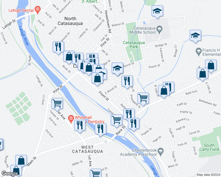 map of restaurants, bars, coffee shops, grocery stores, and more near 138 East Wood Street in Catasauqua