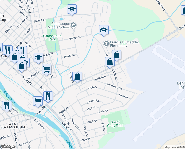 map of restaurants, bars, coffee shops, grocery stores, and more near 5 Pearl Street in Catasauqua