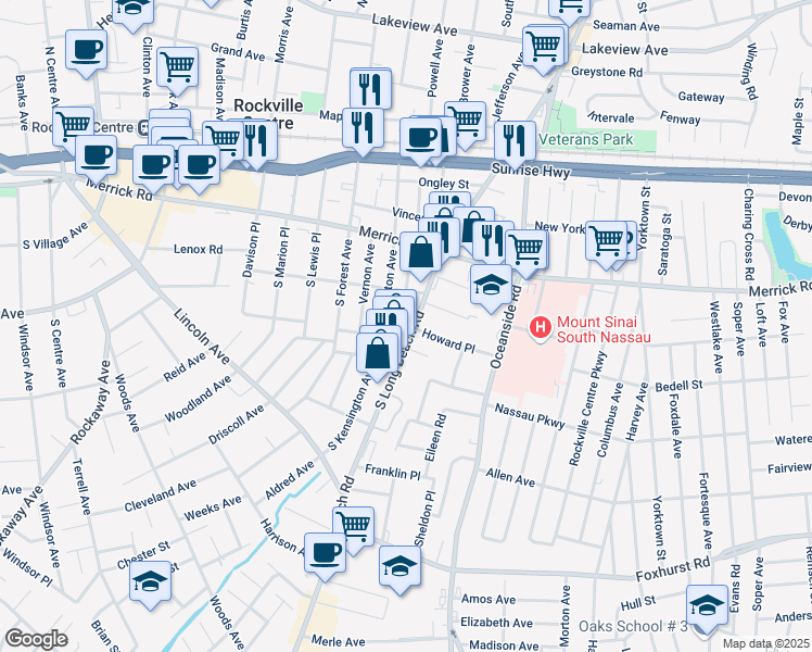 map of restaurants, bars, coffee shops, grocery stores, and more near 53 South Kensington Avenue in Rockville Centre