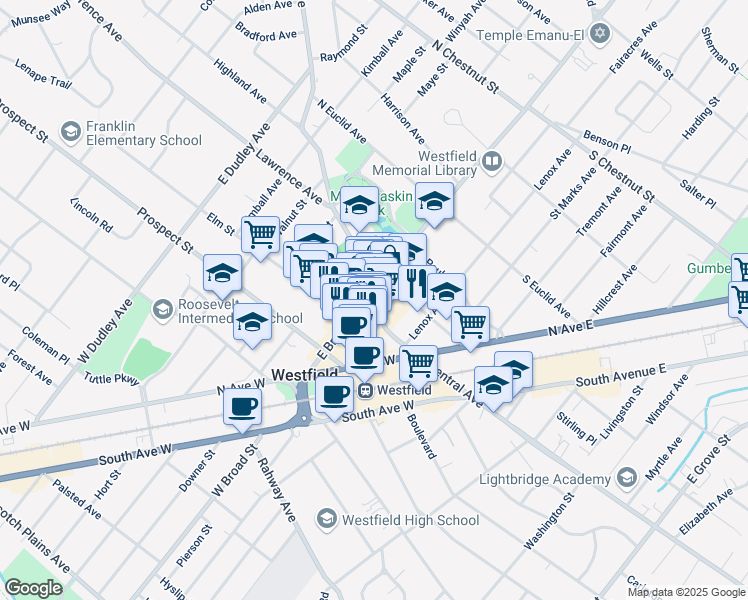 map of restaurants, bars, coffee shops, grocery stores, and more near 67 Mountain Avenue in Westfield