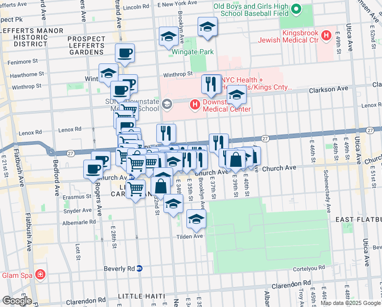 map of restaurants, bars, coffee shops, grocery stores, and more near 123 East 35th Street in Brooklyn