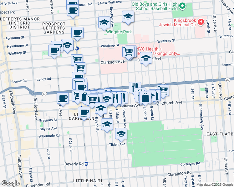 map of restaurants, bars, coffee shops, grocery stores, and more near 123 East 35th Street in Brooklyn