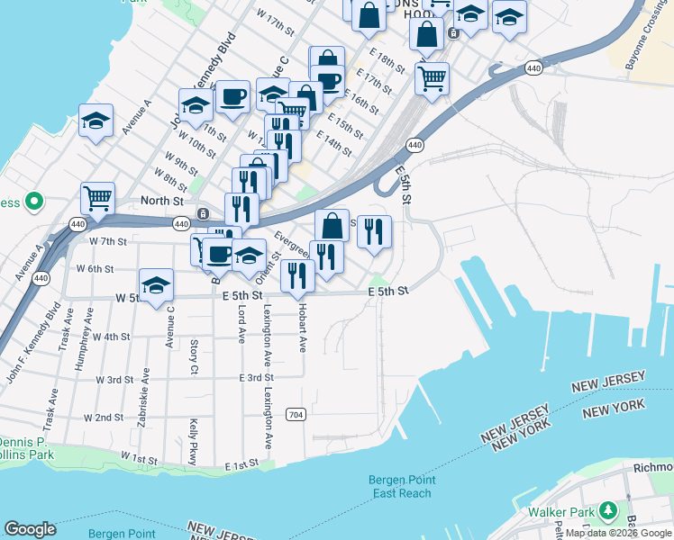 map of restaurants, bars, coffee shops, grocery stores, and more near 184 Hobart Avenue in Bayonne
