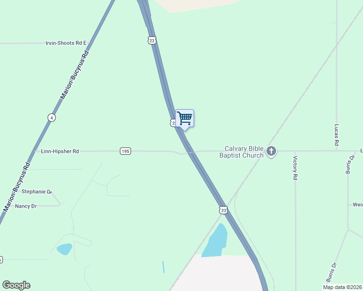 map of restaurants, bars, coffee shops, grocery stores, and more near 1180 Linn-Hipsher Road in Marion