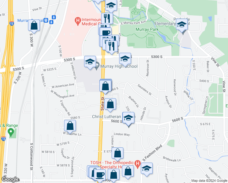 map of restaurants, bars, coffee shops, grocery stores, and more near 128 East 5460 South in Murray
