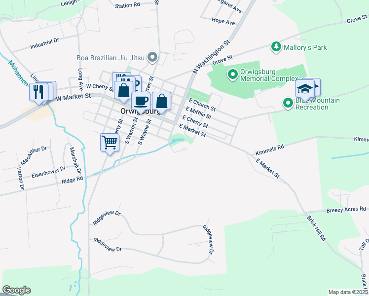 map of restaurants, bars, coffee shops, grocery stores, and more near 12 Applewood Circle in Orwigsburg