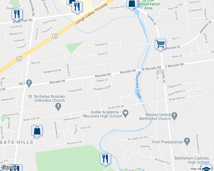 map of restaurants, bars, coffee shops, grocery stores, and more near 255 Wedgewood Road in Bethlehem
