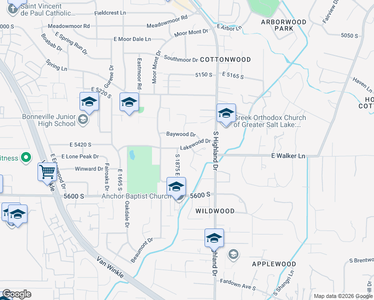 map of restaurants, bars, coffee shops, grocery stores, and more near 1475 East Lakewood Drive in Holladay